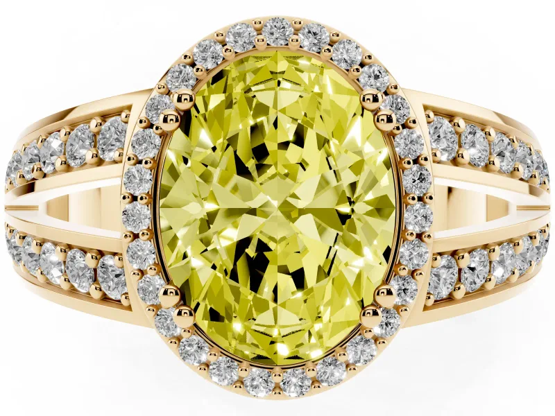 Fancy Yellow Oval Cut Diamond Halo Ring Set in Yellow gold with Double Pavé Split Shank