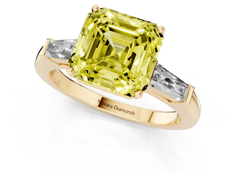 Asscher Cut Three Stone Engagement Ring Setting for a Fancy Yellow Lab-Grown Diamond | Tapered Baguettes | Yellow Gold