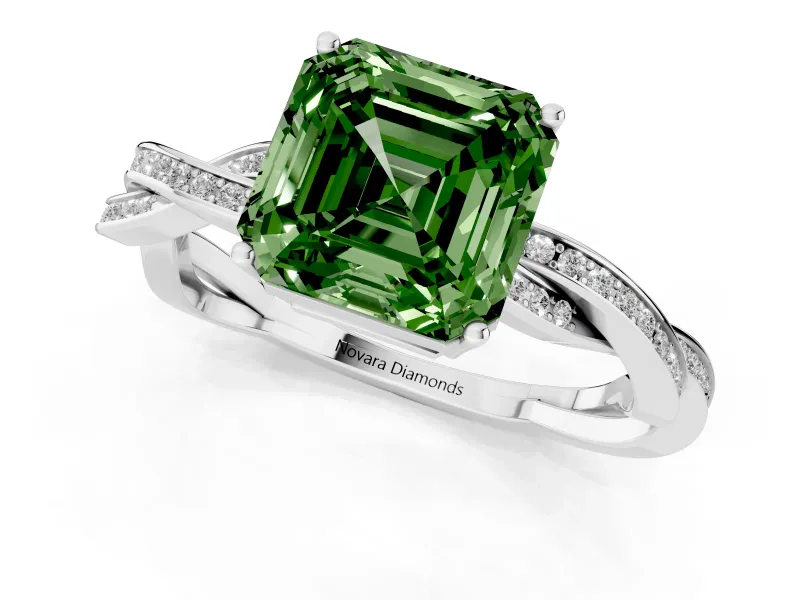 Fancy Green Asscher Cut Diamond Solitaire Twisted Pavé Ring Set in Silver with Prong Setting