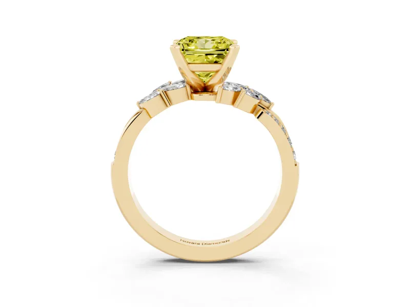 Fancy Yellow Princess Cut Diamond Solitaire Ring Set in Yellow gold with Marquise Twist Band and Prong Setting