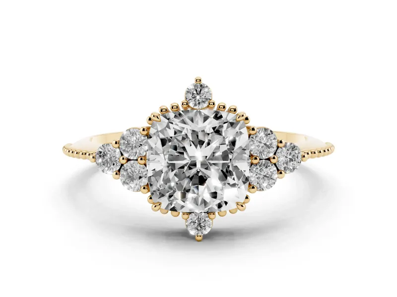 Cushion Cut Diamond Cluster Ring Set in Yellow gold with Beaded Band