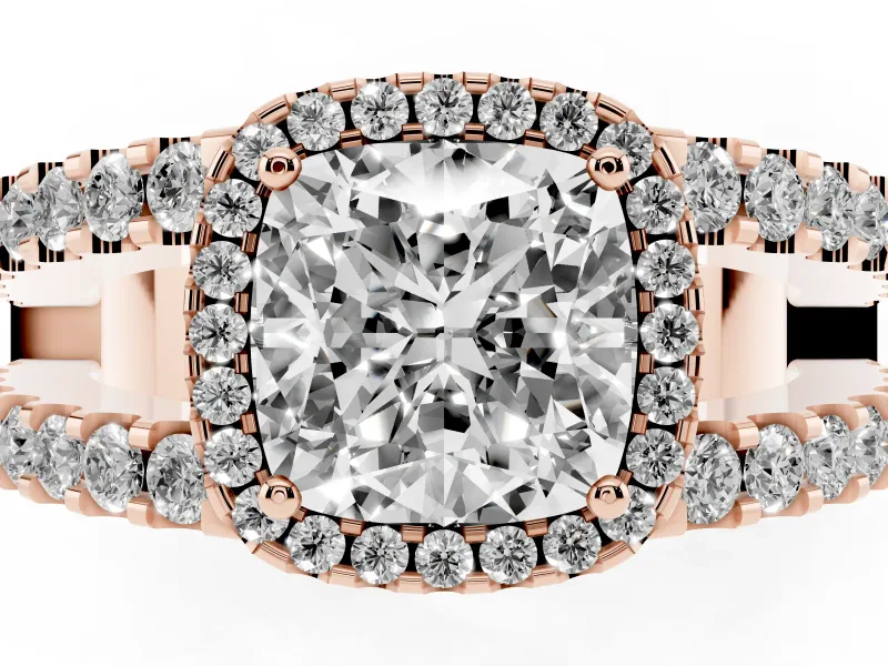 Cushion Cut Halo Split Shank Engagement Ring Setting | Pavé Strands | Rose Gold