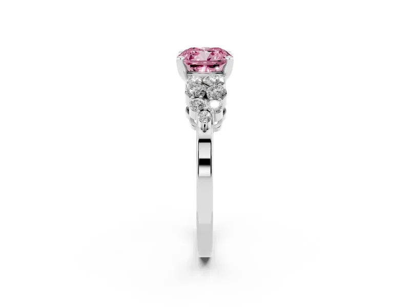 Cushion Cut Side Stone Engagement Ring Setting for a Fancy Pink Lab-Grown Diamond | Two-Row Shoulder Clusters | Platinum