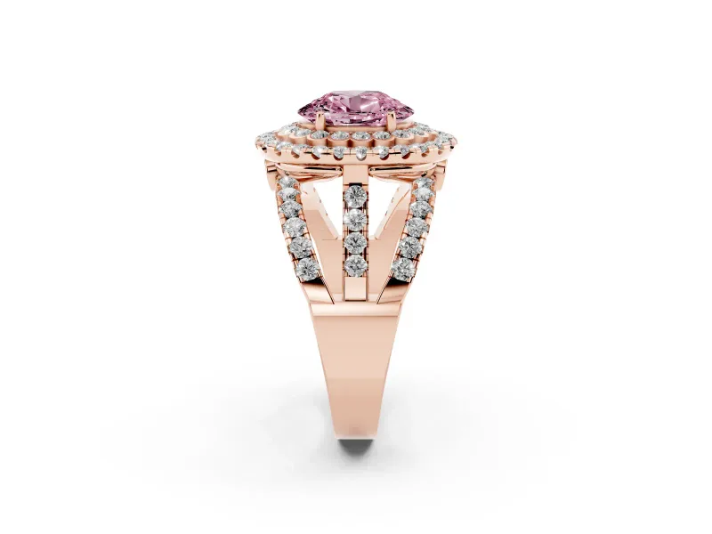 Oval Double Halo Split Shank Engagement Ring Setting for a Fancy Pink Lab-Grown Diamond | Pave Strands | Rose Gold