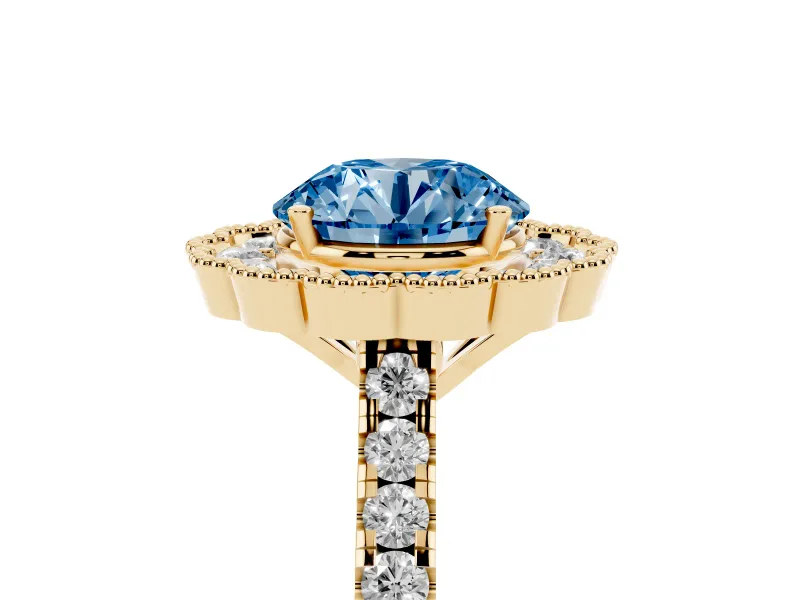 Fancy Blue Round Cut Diamond Milgrain Floral Halo Engagement Ring Set in Yellow gold with Pavé Band
