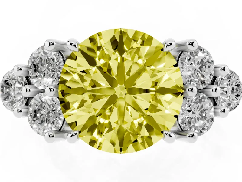 Round Cluster Side Stone Engagement Ring Setting for a Fancy Yellow Lab-Grown Diamond | Plain Band | Sterling Silver