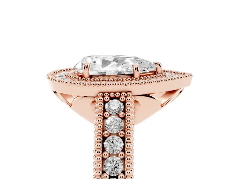 Pear-Shaped Vintage Milgrain Halo Engagement Ring Setting | Carved Leaf Detail | Rose Gold