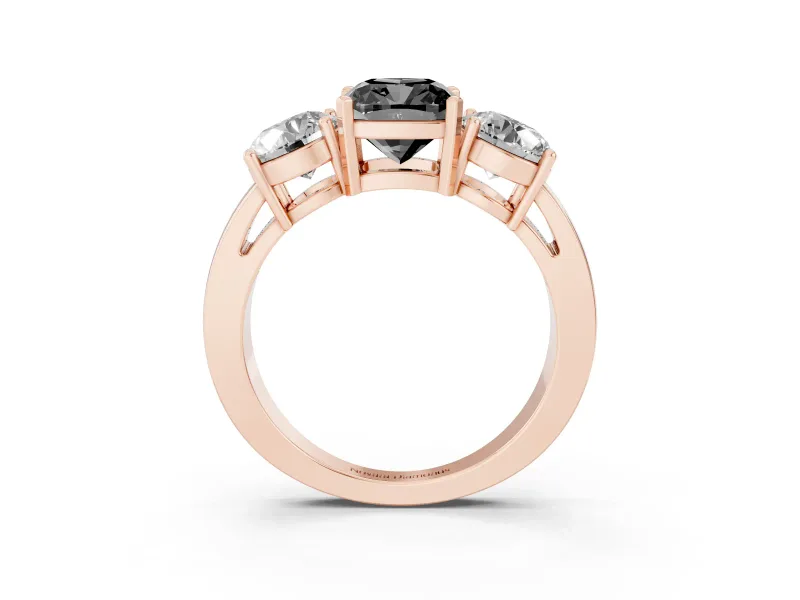 Cushion Cut Three Stone Engagement Ring Setting for a Black Center | Round Side Stones | Rose Gold