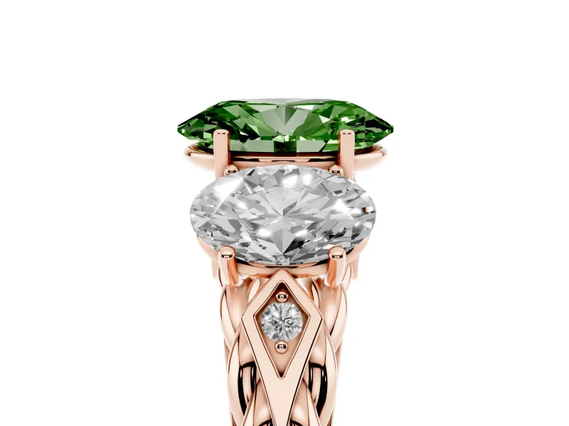 Fancy Green Oval Cut Diamond Three-Stone Ring Set in Rose gold with Braided Band