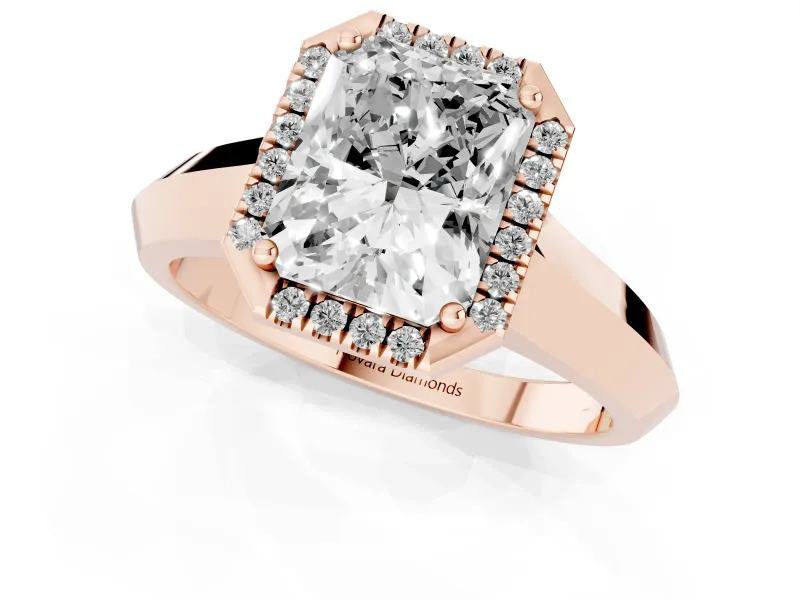 Radiant Cut Diamond Halo Ring Set in Rose gold with Cathedral Band and Prong Setting