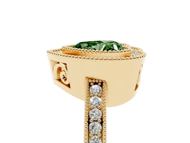 Heart-Shaped Double Milgrain Halo Engagement Ring Setting for a Fancy Green Lab-Grown Diamond | Pave Band | Yellow Gold