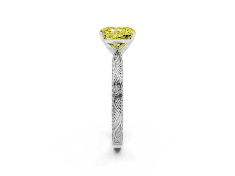 Fancy Yellow Radiant Cut Diamond Solitaire Milgrain Engraved Band Set in Platinum with Prong Setting