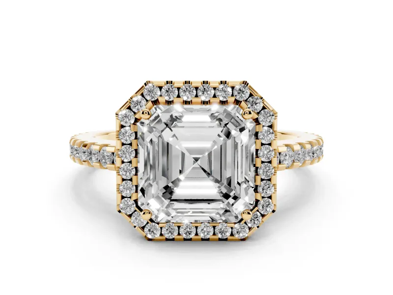 Asscher Cut Diamond Halo Ring Set in Yellow gold with Pavé Shoulders and Halo-Framed Center