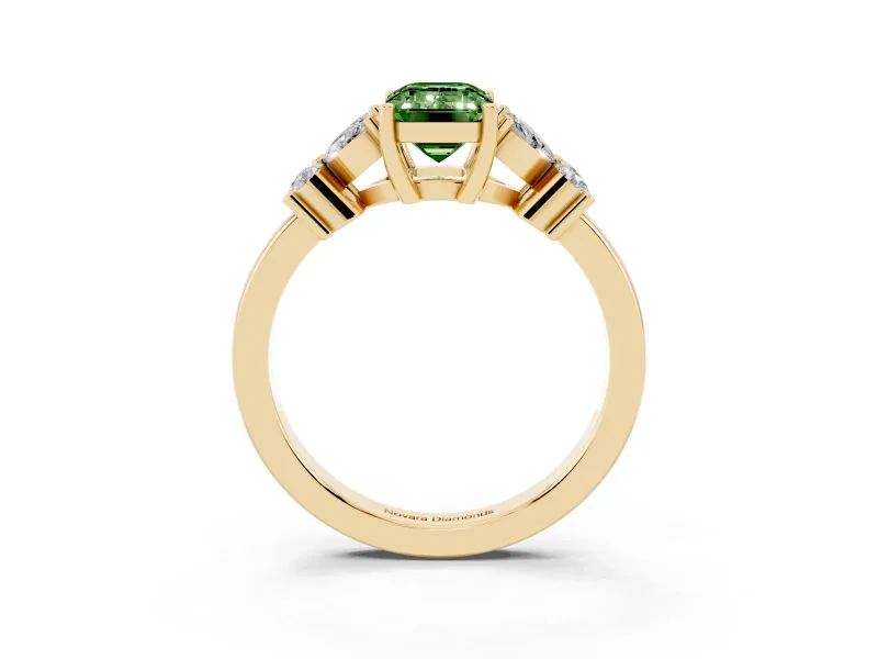 Fancy Green Emerald Cut Diamond Floral Cluster Ring Set in Yellow gold with Marquise Petals and Prong Setting