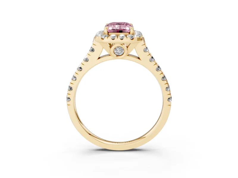 Emerald Cut Accented Halo Engagement Ring Setting for a Fancy Pink Lab-Grown Diamond | Yellow Gold