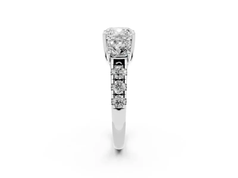 Cushion Cut Diamond Three-Stone Ring Set in Silver with Pavé Band