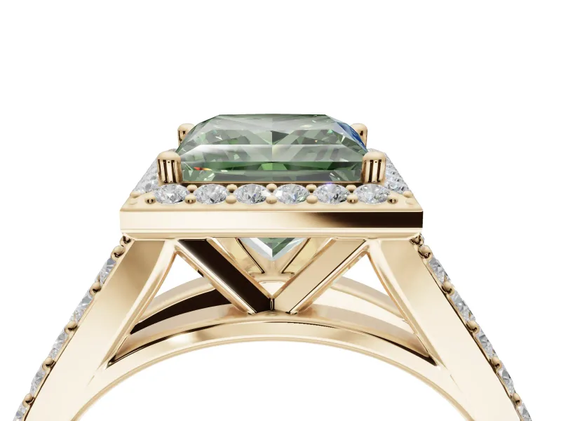 Princess Cut Halo Pavé Engagement Ring Setting for a Fancy Green Lab-Grown Diamond | Narrow Split Shank | Yellow Gold