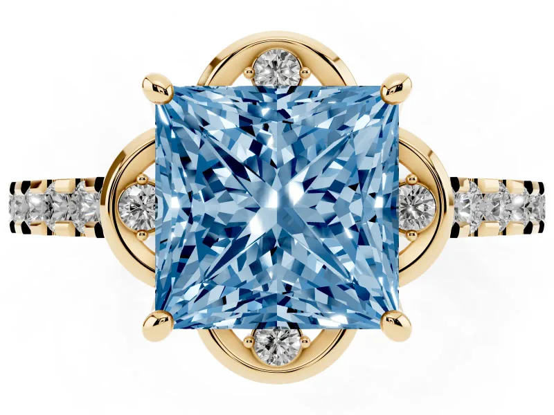 Princess Cut Floral Petal Engagement Ring Setting for a Fancy Blue Lab-Grown Diamond | Petal Accents | Yellow Gold