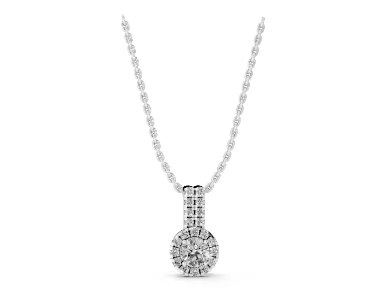 Round Lab-Grown Diamond Halo Pendant Necklace | Elongated Bail | White Gold