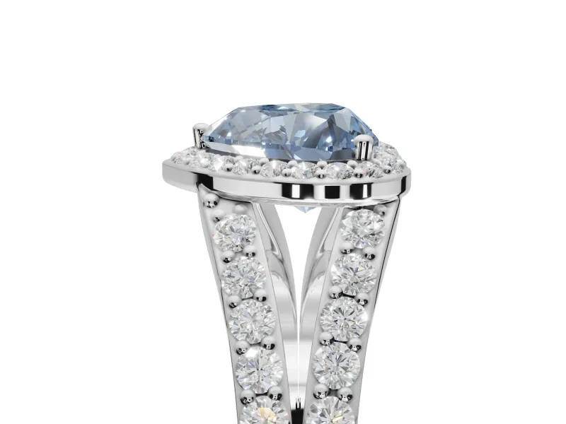 Heart-Shaped Halo Pavé Engagement Ring Setting for a Fancy Blue Lab-Grown Diamond | Narrow Split Shank | Sterling Silver