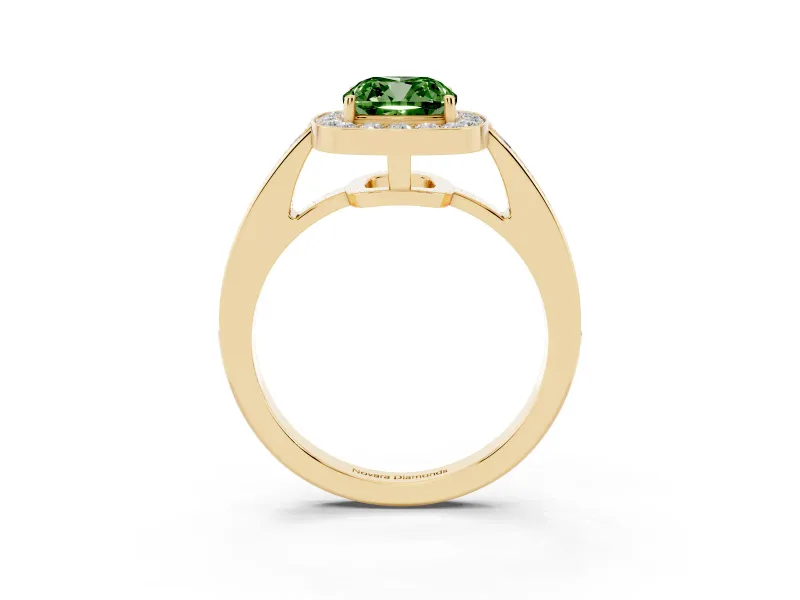 Fancy Green Cushion Cut Diamond Halo Pavé Engagement Ring Set in Yellow gold with Bezel Setting