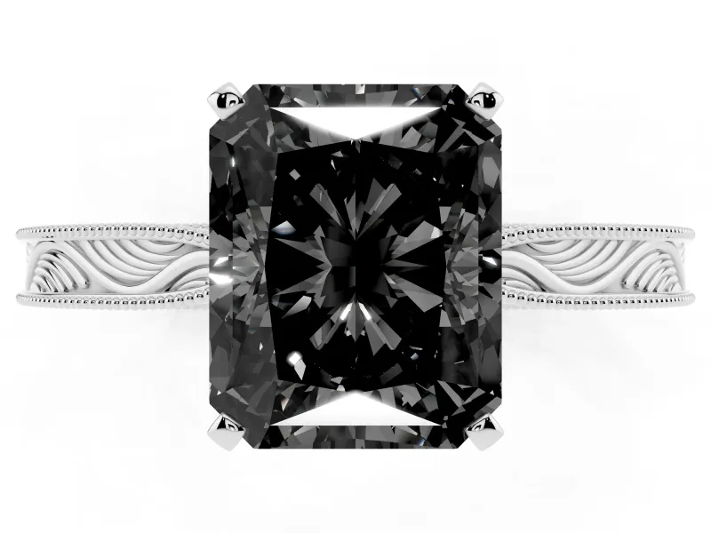 Fancy Black Radiant Cut Diamond Solitaire Milgrain Engraved Band Set in White gold with Prong Setting
