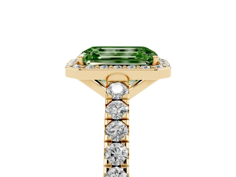 Fancy Green Emerald Cut Diamond Halo Engagement Ring Set in Yellow gold with Pavé Band and Prong Setting