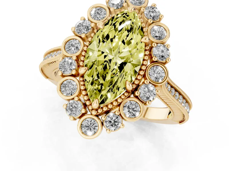 Fancy Yellow Marquise Cut Diamond Halo Milgrain Pavé Ring Set in Yellow gold with Prong Setting