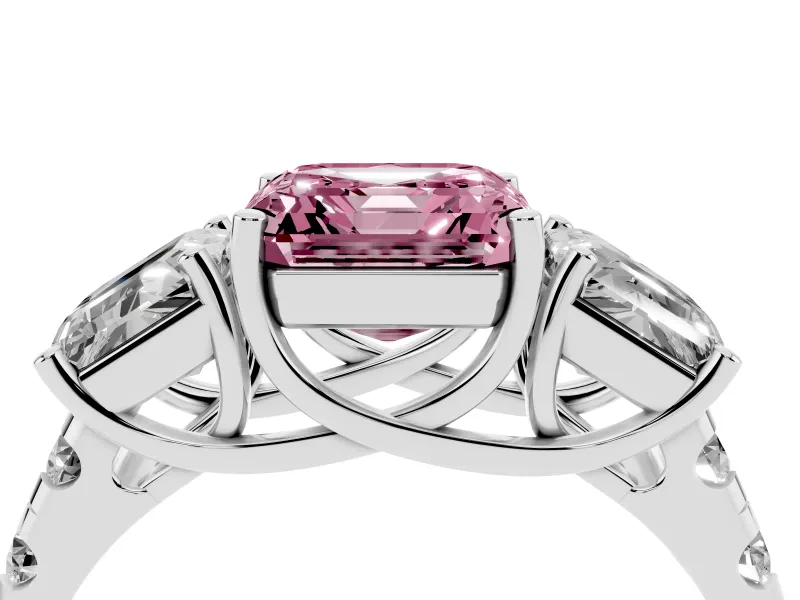 Asscher Cut Three Stone Engagement Ring Setting for a Fancy Pink Lab-Grown Diamond | Accented Shoulders | Platinum