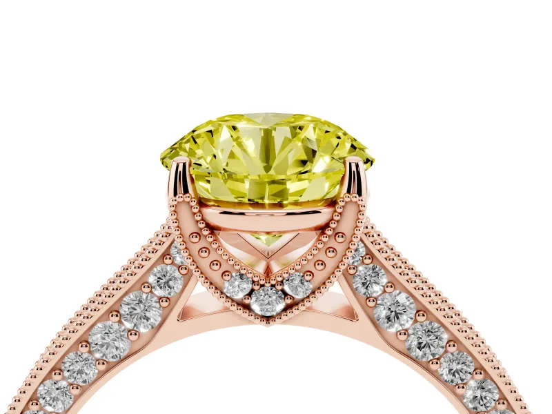 Round Vintage Hidden Halo Engagement Ring Setting for a Fancy Yellow Lab-Grown Diamond | Milgrain Pave Band | Rose Gold