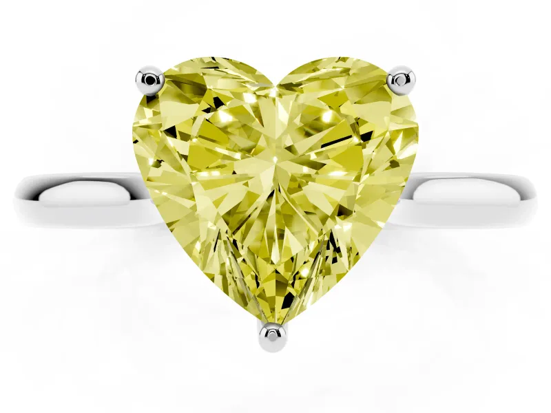 Fancy Yellow Heart Cut Diamond Solitaire Ring Set in Silver with Cathedral Band and Prong Setting