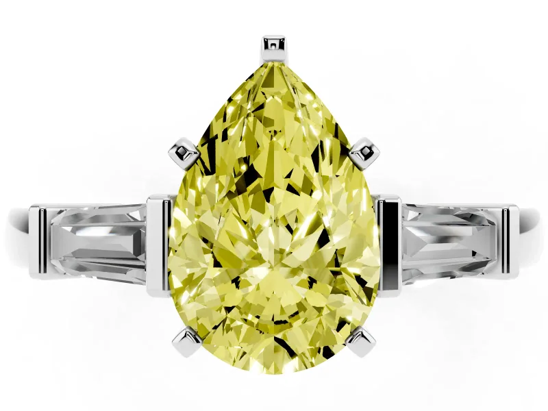 Fancy Yellow Pear Cut Diamond Solitaire Ring Set in Platinum with Tapered Baguette Accents and Prong Setting