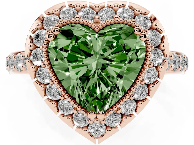 Heart-Shaped Milgrain Halo Engagement Ring Setting for a Fancy Green Lab-Grown Diamond | Pavé Shoulders | Rose Gold