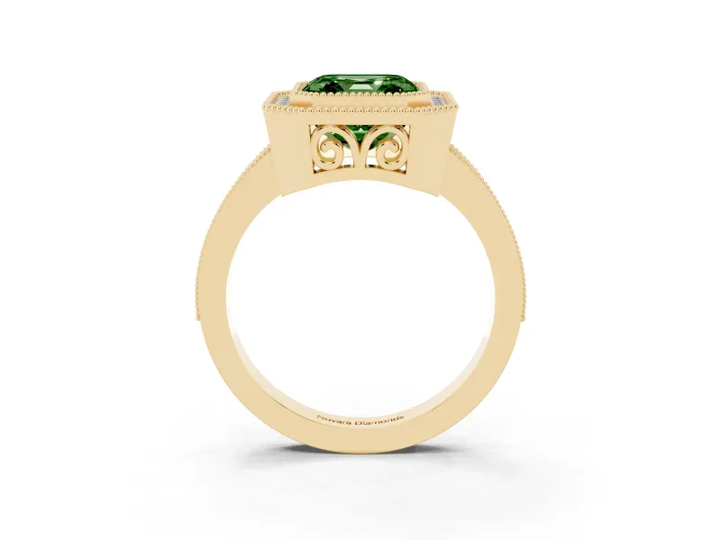 Fancy Green Asscher Cut Diamond Halo Ring Set in Yellow gold with Pavé Band and Milgrain-Edged Prongs