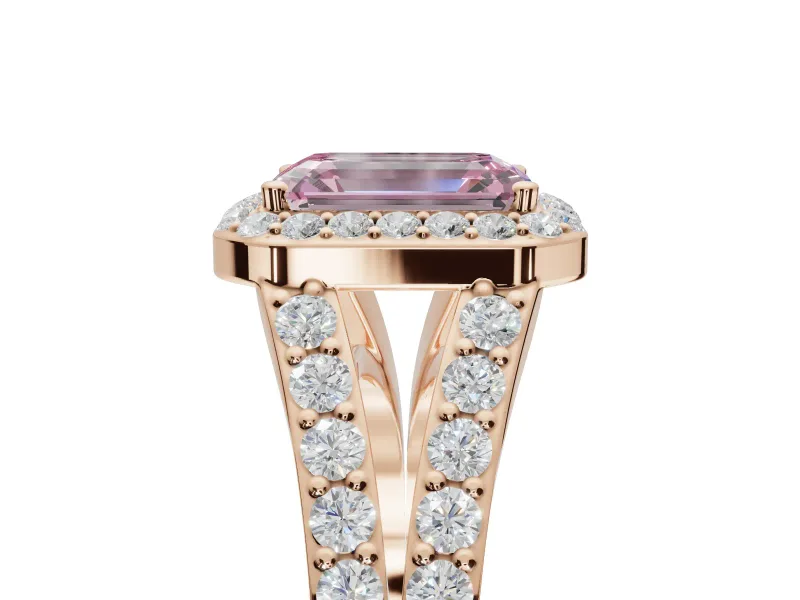 Emerald Cut Halo Pavé Engagement Ring Setting for a Fancy Pink Lab-Grown Diamond | Narrow Split Shank | Rose Gold