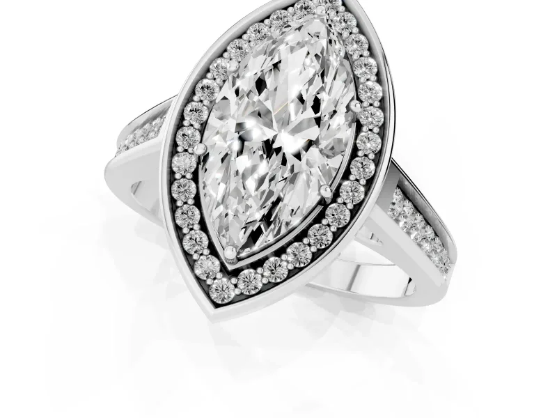 Marquise Cut Diamond Halo Solitaire Ring Set in White gold with Pavé Band and Bezel Setting
