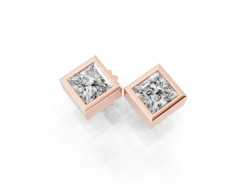 Princess Cut Lab-Grown Diamond Square Bezel Stud Earrings | Stepped Rim | Rose Gold