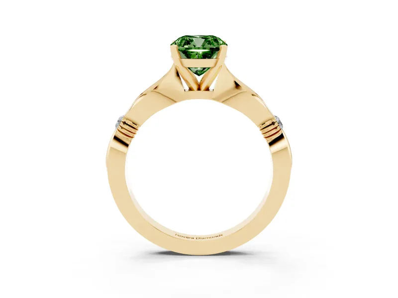 Fancy Green Cushion Cut Diamond Solitaire Twisted Band Ring Set in Yellow gold with Accent Stones and Prong Setting