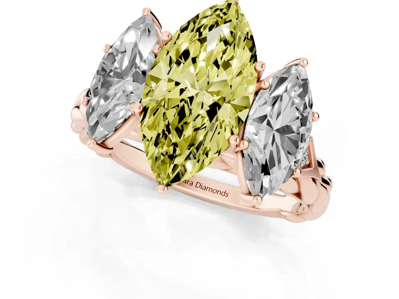 Fancy Yellow Marquise Cut Diamond Three-Stone Ring Set in Rose gold with Braided Band