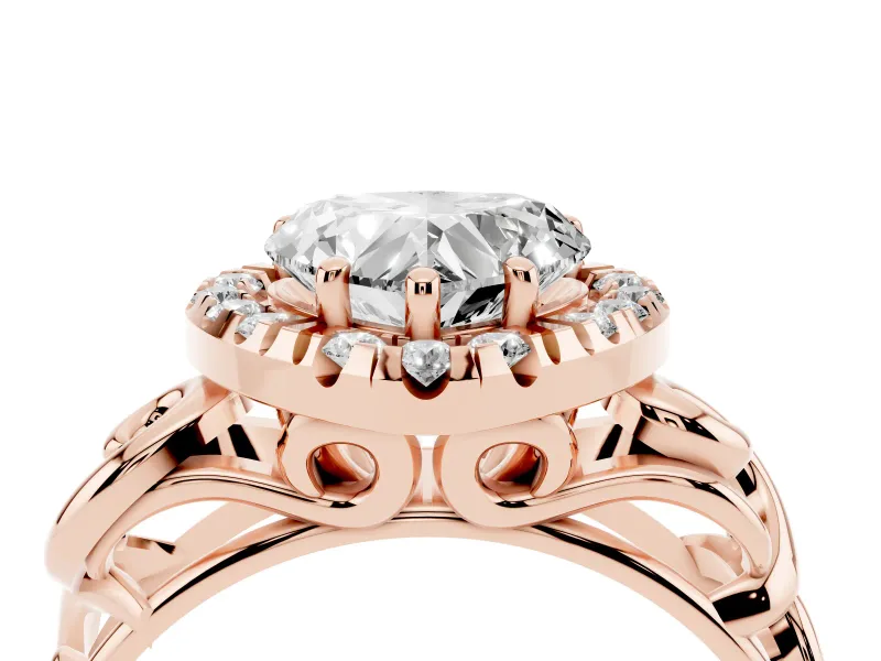 Heart-Shaped Vintage Filigree Halo Engagement Ring Setting | Scroll Shoulders | Rose Gold