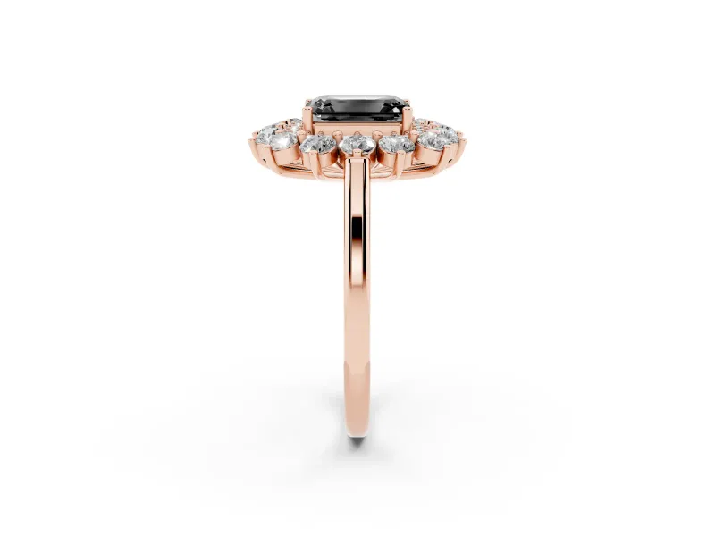 Emerald Cut Floral Double Halo Engagement Ring Setting for a Black Center | Plain Band | Rose Gold