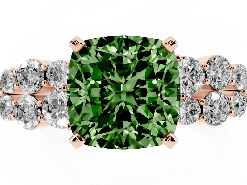Fancy Green Cushion Cut Diamond Cluster Engagement Ring Set in Rose gold with Pavé Band and Prong Setting