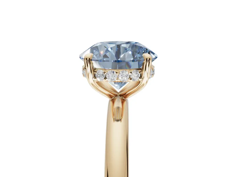 Round Hidden Halo Ring Setting for a Fancy Blue Lab-Grown Diamond | Yellow Gold