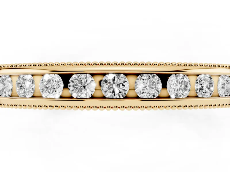 Round Diamond Channel Wedding Band Set in Yellow gold with Milgrain Edges