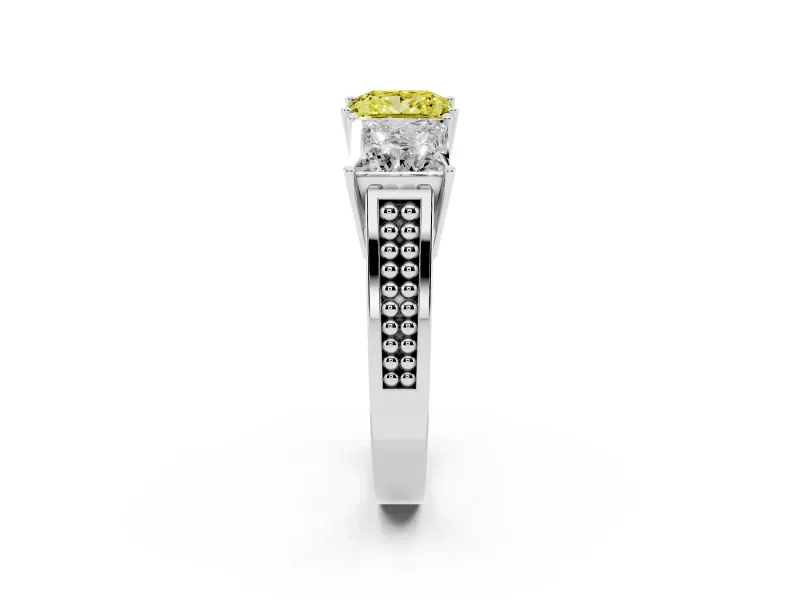 Princess Cut Three Stone Engagement Ring Setting for a Fancy Yellow Lab-Grown Diamond | Beaded Shoulders | Platinum