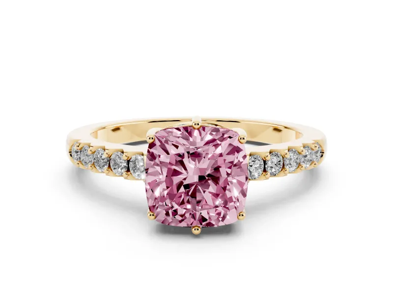 Fancy Pink Cushion Cut Diamond Solitaire Engagement Ring Set in Yellow gold with Pavé Band and Prong Setting