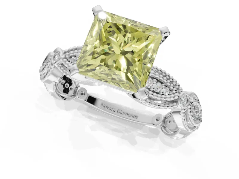 Princess Cut Vintage Engagement Ring Setting for a Fancy Yellow Lab-Grown Diamond | Graduated Stations | White Gold