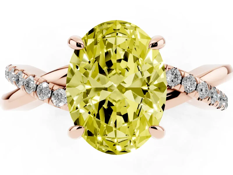 Fancy Yellow Oval Cut Diamond Twist Band Solitaire Set in Rose gold with Pavé Accents and Prong Setting