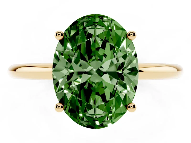 Fancy Green Oval Cut Diamond Solitaire Engagement Ring Set in Yellow gold with Thin Band and Prong Setting