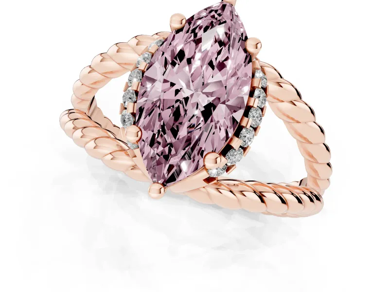 Fancy Pink Marquise Cut Diamond Halo Ring Set in Rose gold with Twisted Band and Prong Setting